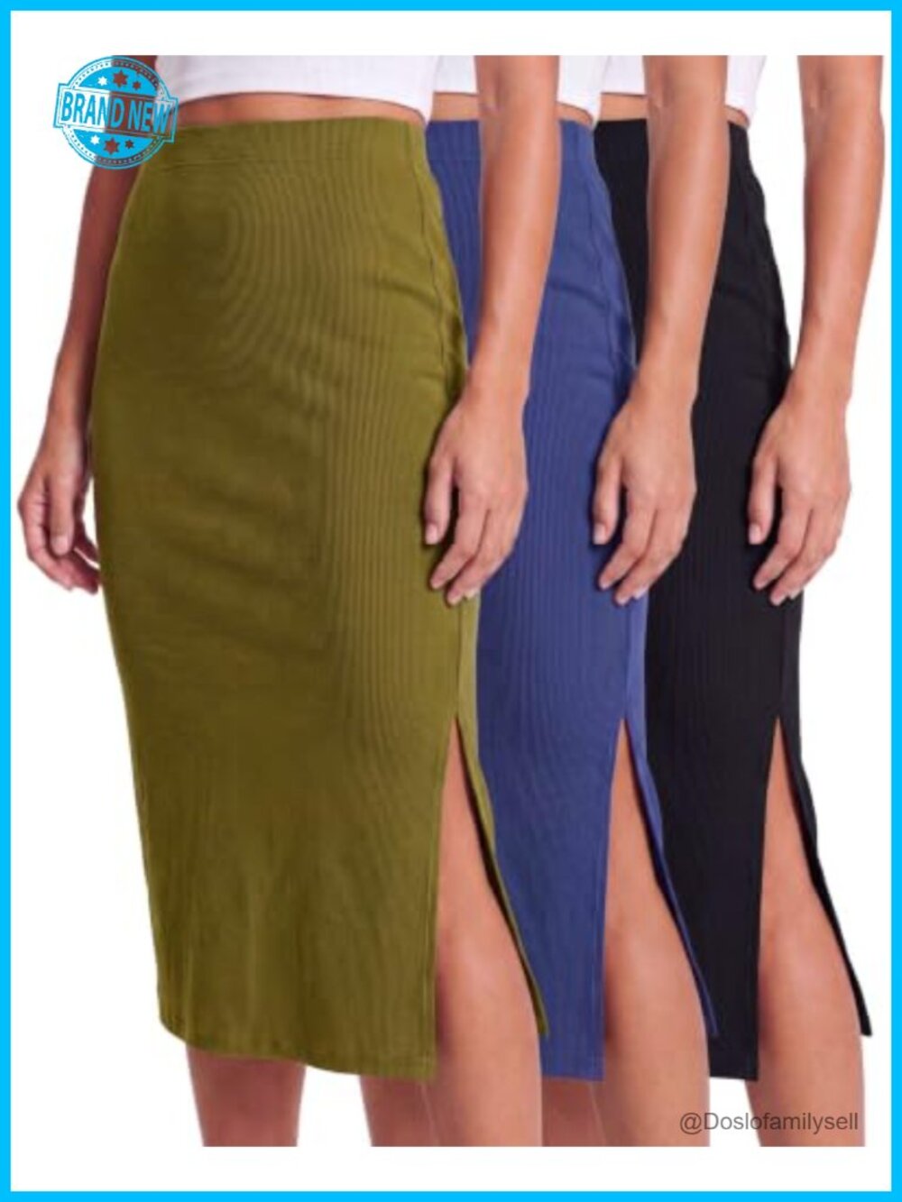 3 Pack Ribbed Knit Midi Pencil Skirt High Waist Back Slit Work Office